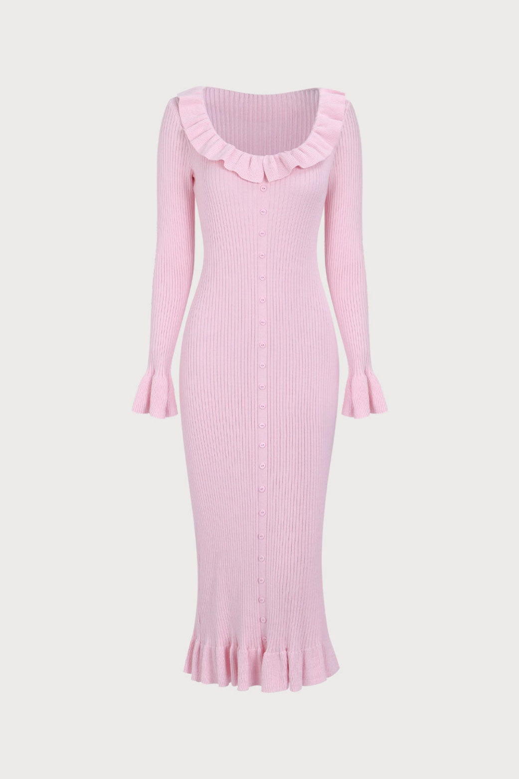 Valerie U Yaka Fırfırlı Midi Triko Elbise