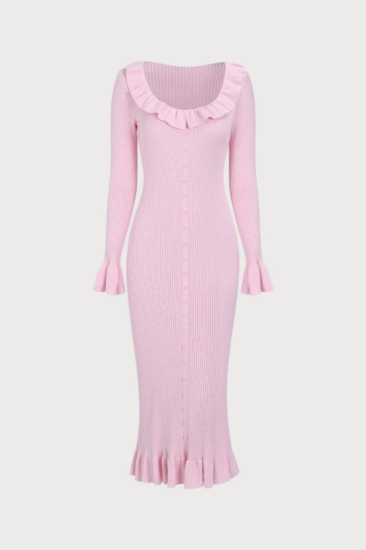 Valerie U Yaka Fırfırlı Midi Triko Elbise