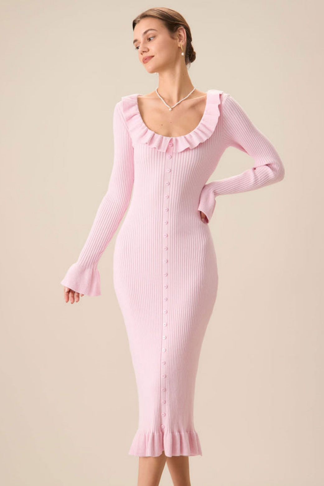 Valerie U Yaka Fırfırlı Midi Triko Elbise