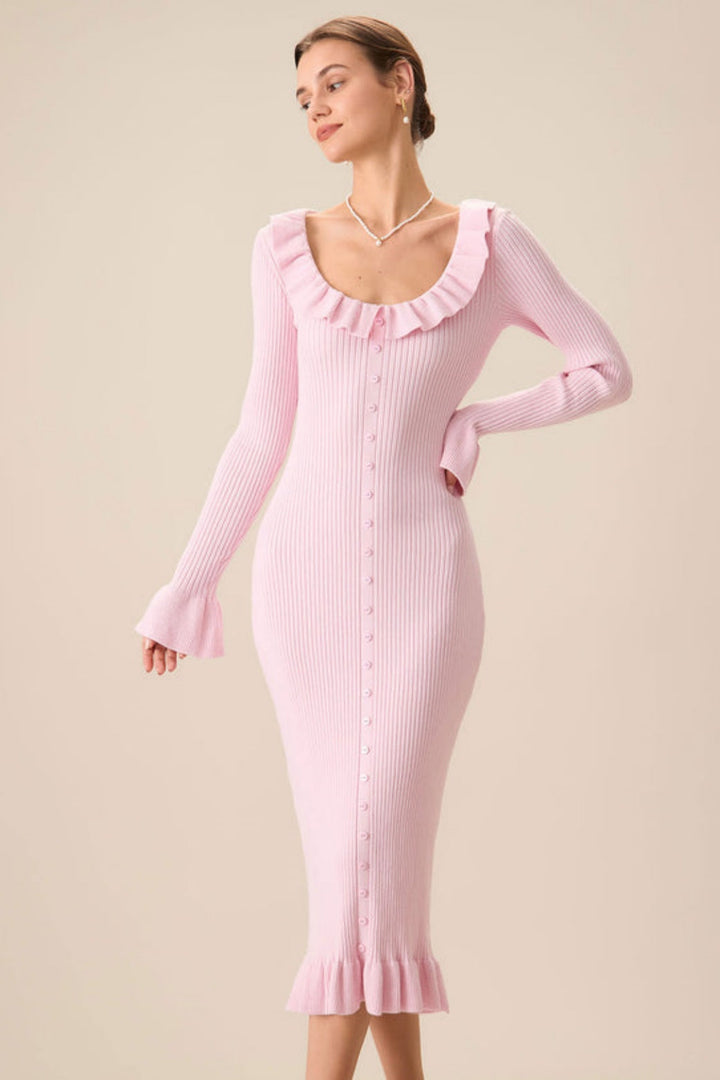 Valerie U Yaka Fırfırlı Midi Triko Elbise