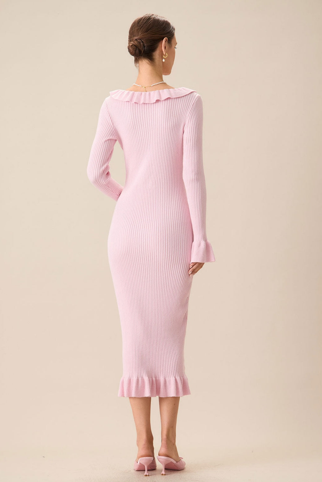 Valerie U Yaka Fırfırlı Midi Triko Elbise