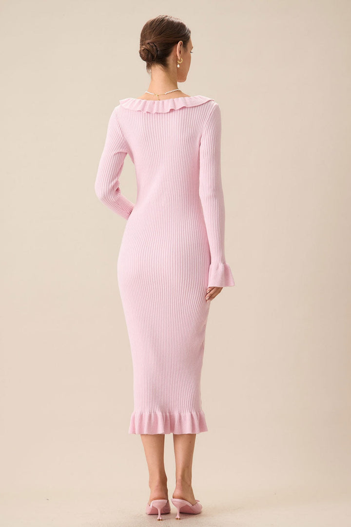 Valerie U Yaka Fırfırlı Midi Triko Elbise