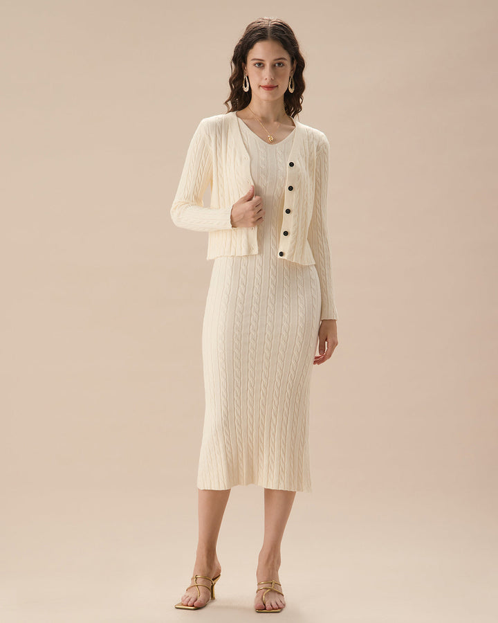 Bej Fitilli Örgü Tek Sıra Düğmeli Hırka