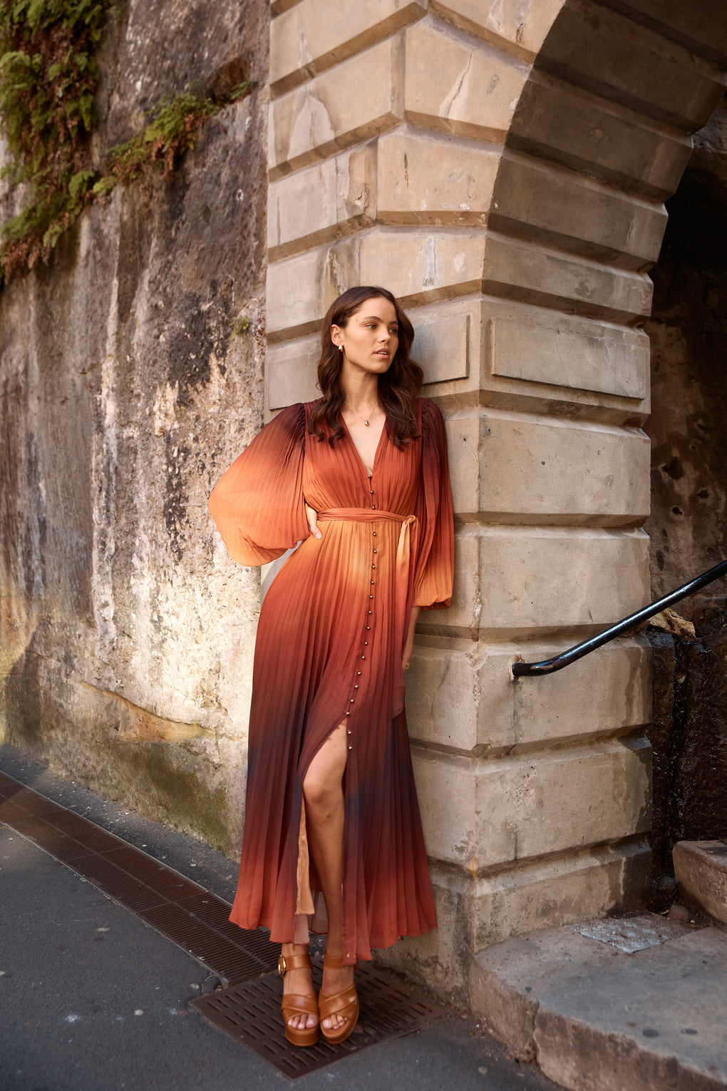 Elvira V Yaka Pileli Uzun Elbise