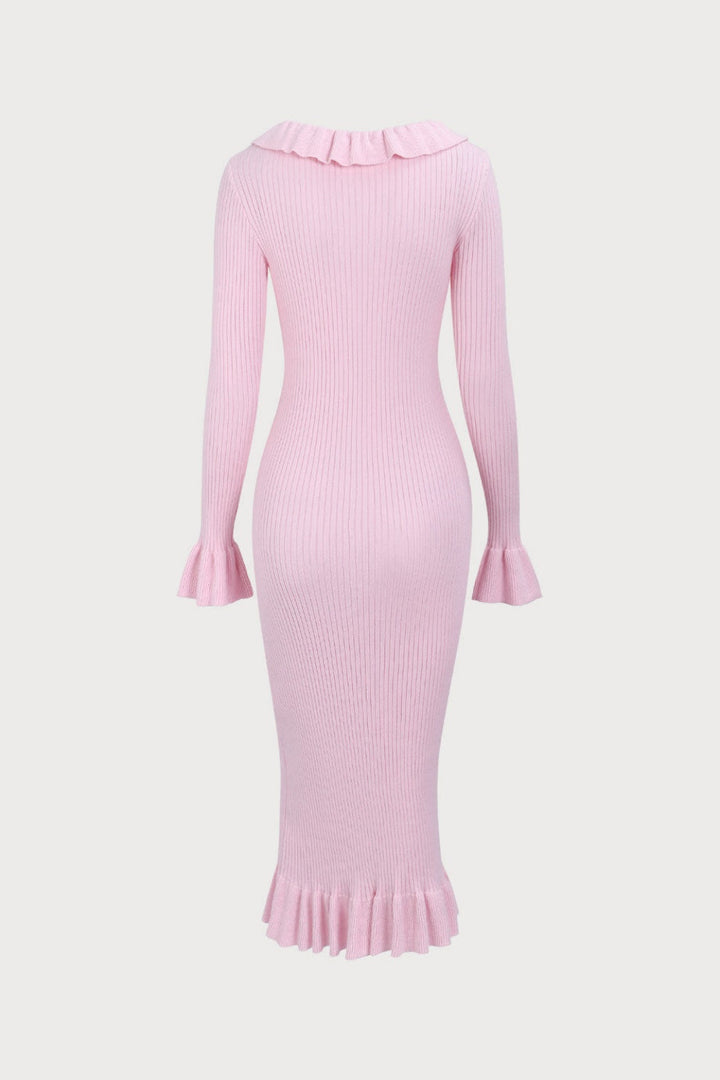 Valerie U Yaka Fırfırlı Midi Triko Elbise