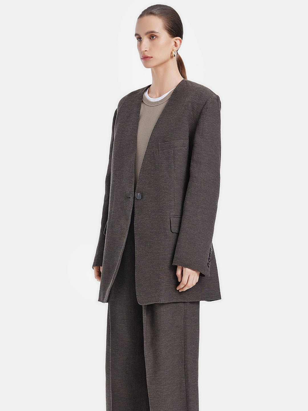 Dokulu Kuşaklı Yakasız Blazer