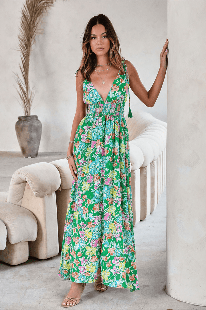Grace Baskılı Püsküllü Sırtı Açık Maxi Sundress