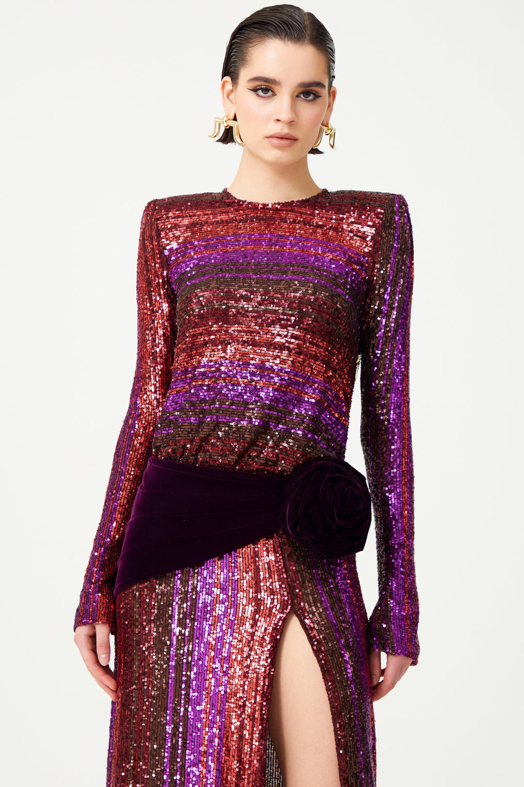 Fravia Payetler Kadife Yırtmaçlı Maxi Elbise