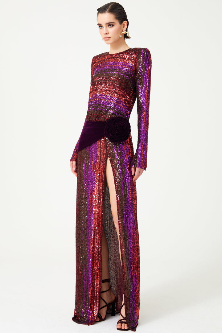 Fravia Payetler Kadife Yırtmaçlı Maxi Elbise