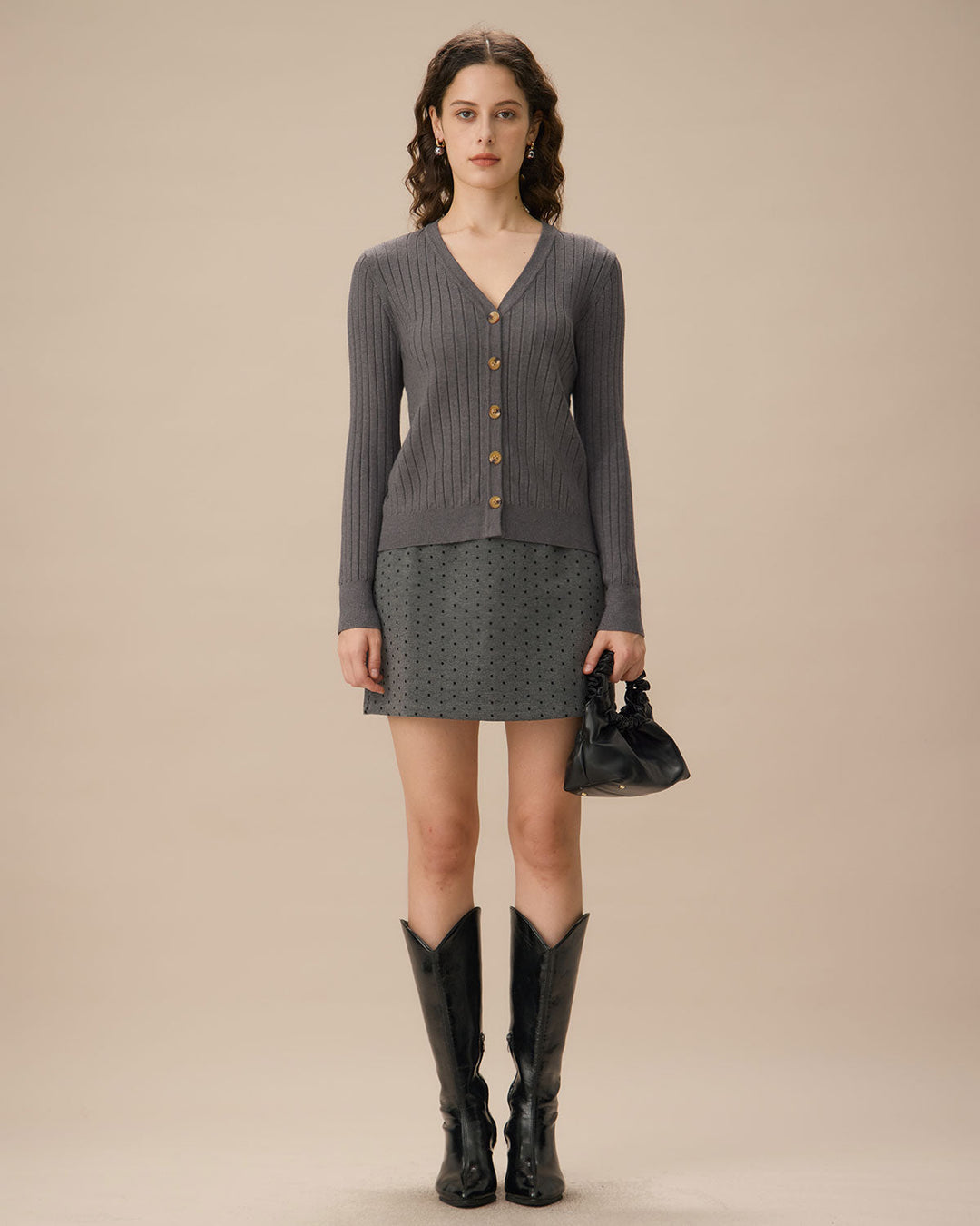 Gri V Yaka Tek Düğmeli Hırka