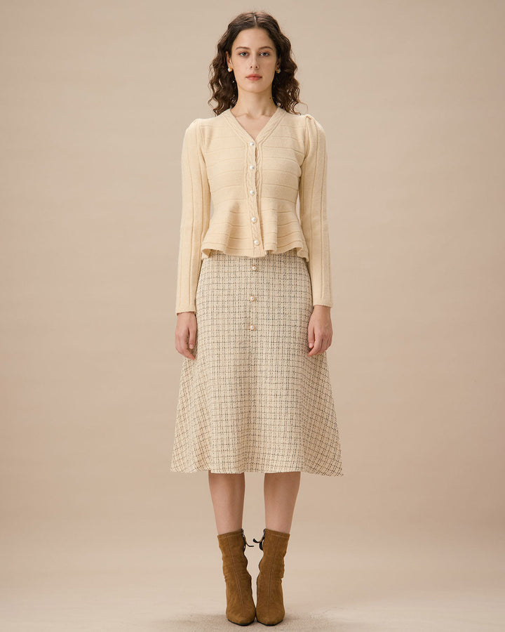 Bej Rengi V Yaka Tek Düğmeli Çizgili Hırka