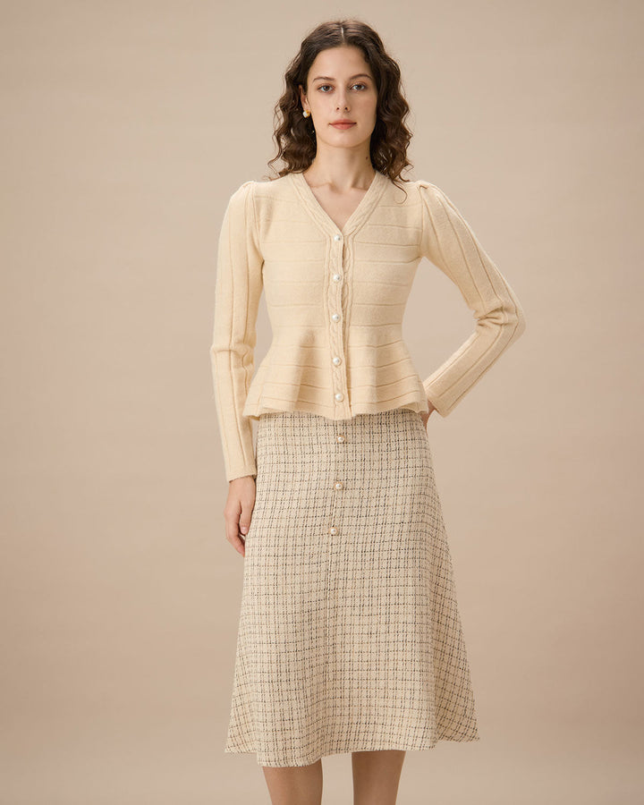 Bej Rengi V Yaka Tek Düğmeli Çizgili Hırka