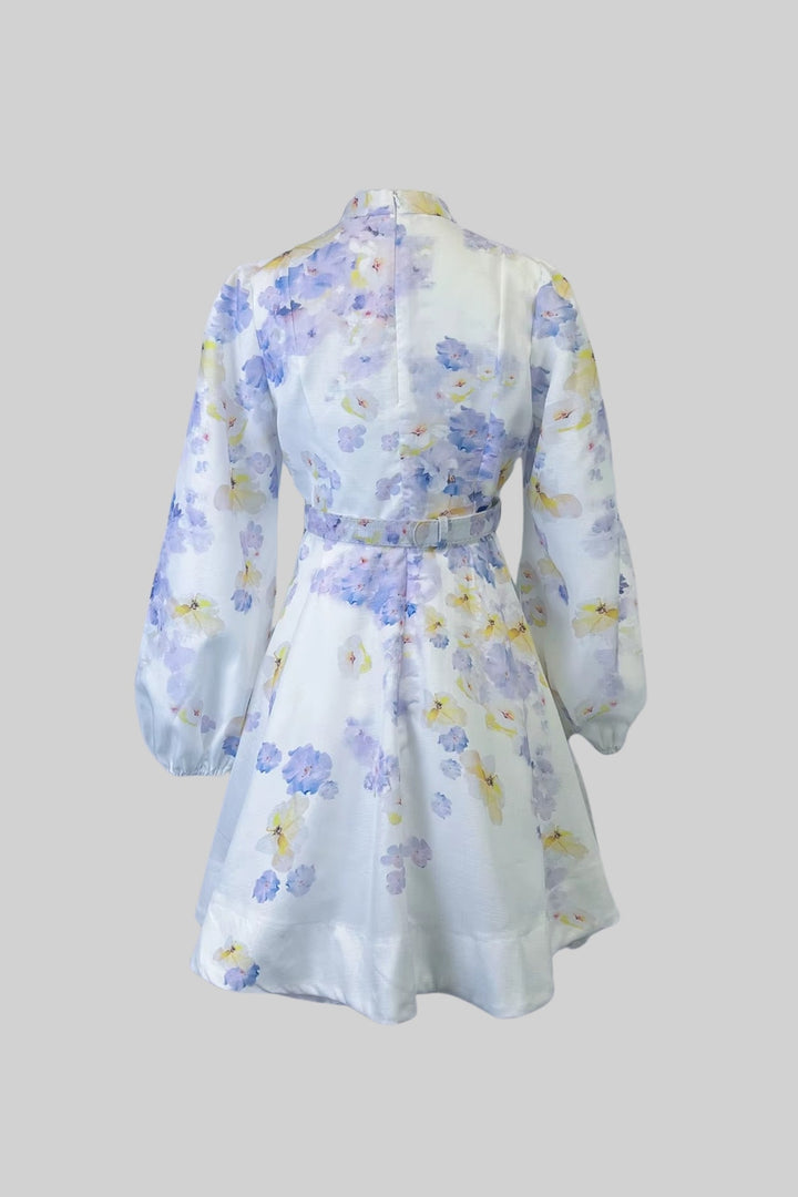 Mor ve Sarı Çiçek Motifli Uzun Kollu Elbise