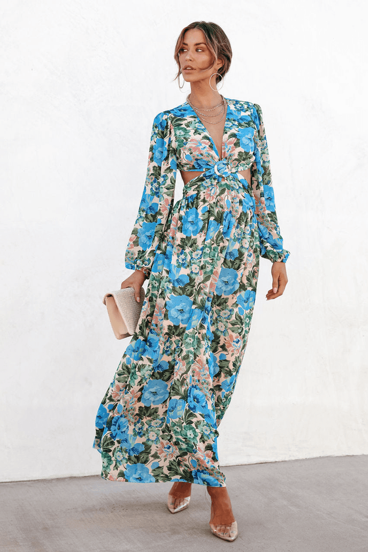 Andrey Baskılı V Yaka Cut Out Maxi Elbise