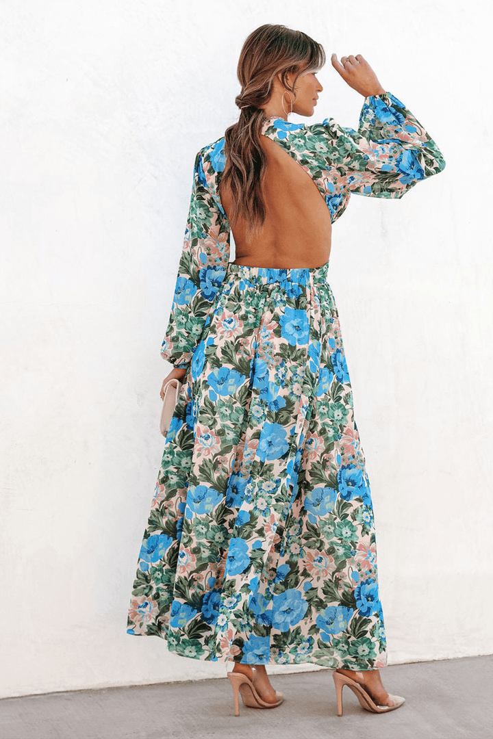 Andrey Baskılı V Yaka Cut Out Maxi Elbise