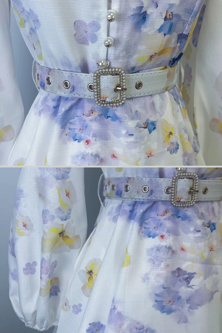 Mor ve Sarı Çiçek Motifli Uzun Kollu Elbise