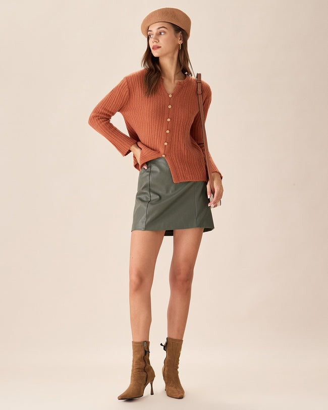 Karamel Düğmeli Dar Yırtmaçlı Hırka