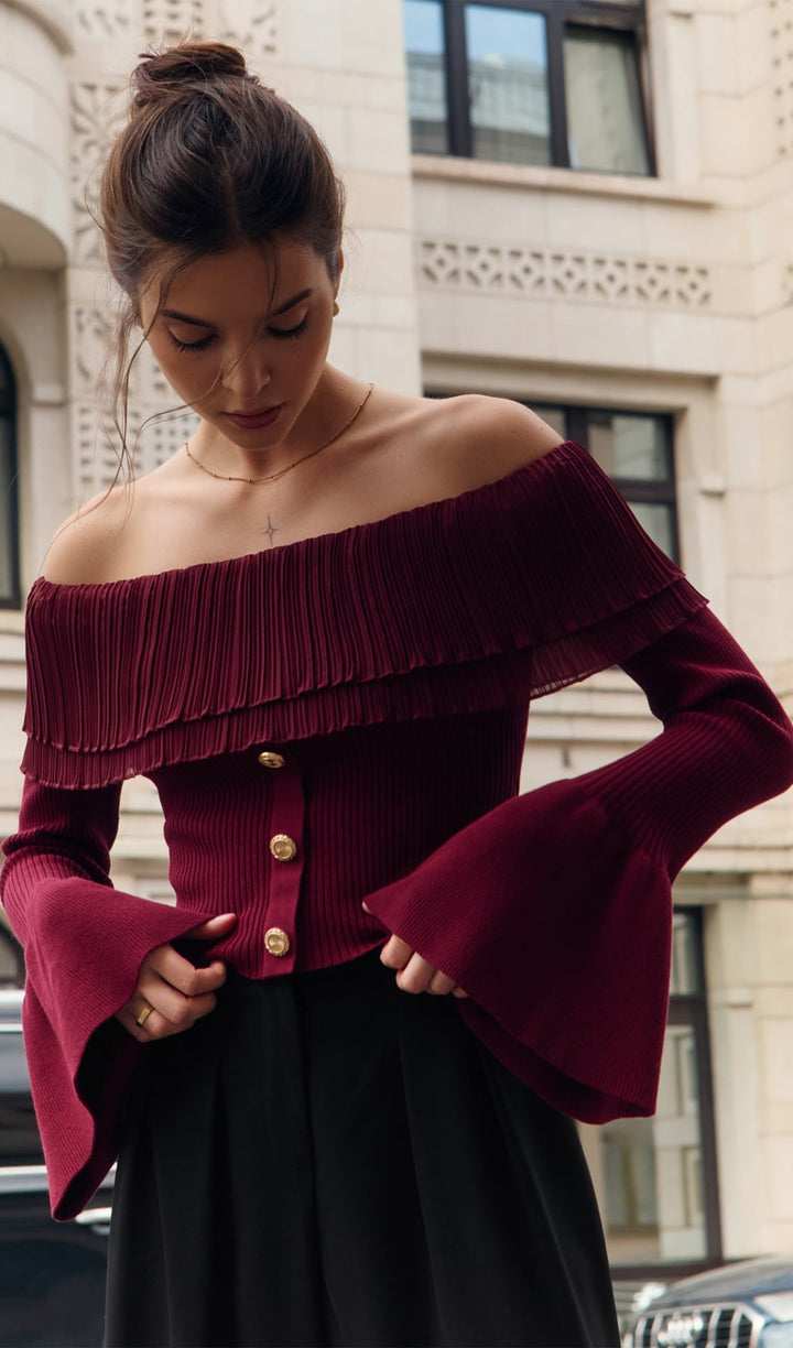 Flier Starplez Fırfır Düğme Detay Üst - Bordo