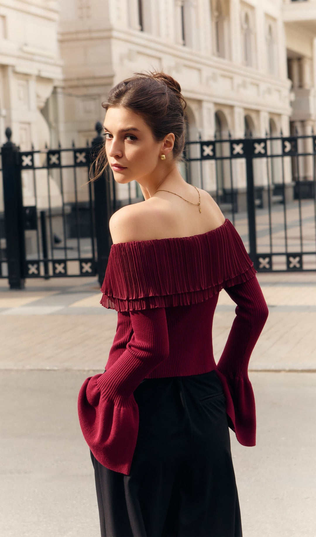 Flier Starplez Fırfır Düğme Detay Üst - Bordo