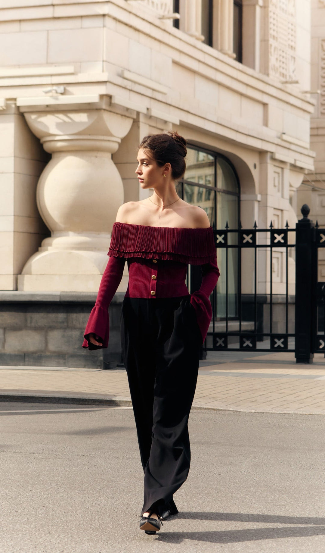 Flier Starplez Fırfır Düğme Detay Üst - Bordo