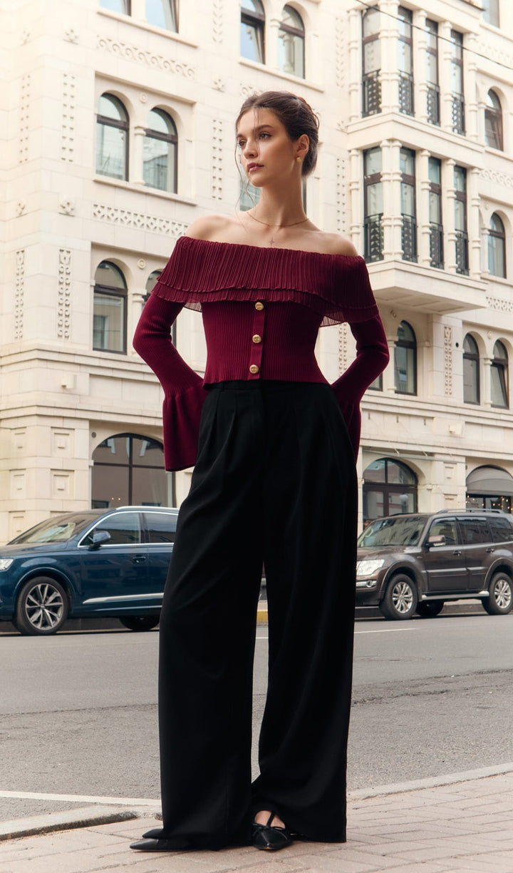 Flier Starplez Fırfır Düğme Detay Üst - Bordo