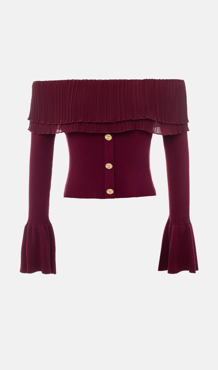 Flier Starplez Fırfır Düğme Detay Üst - Bordo