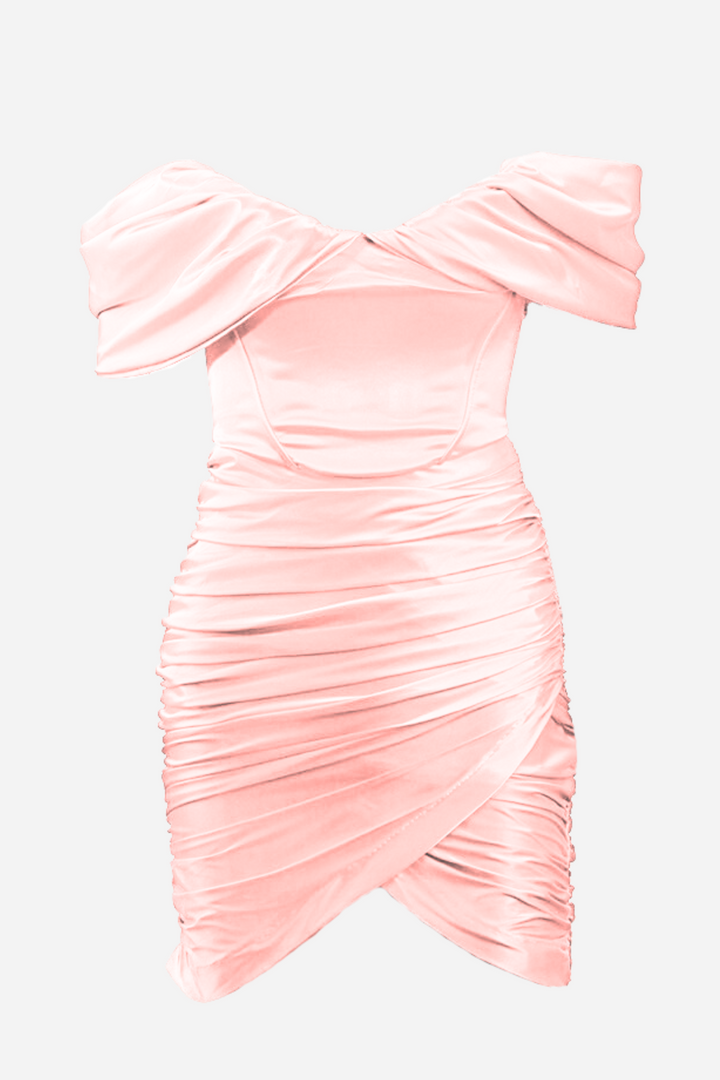 Candice Büzgülü Korse Düşük Omuz Saten Mini Elbise