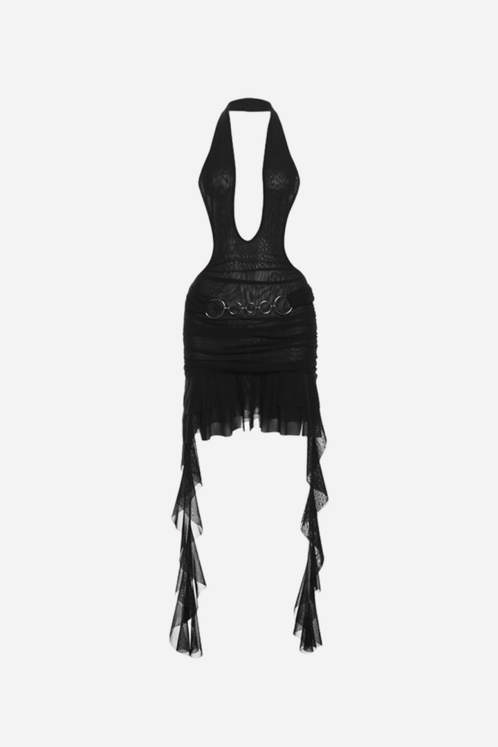 Derin V Yaka Sırtı Açık File Mini Elbise