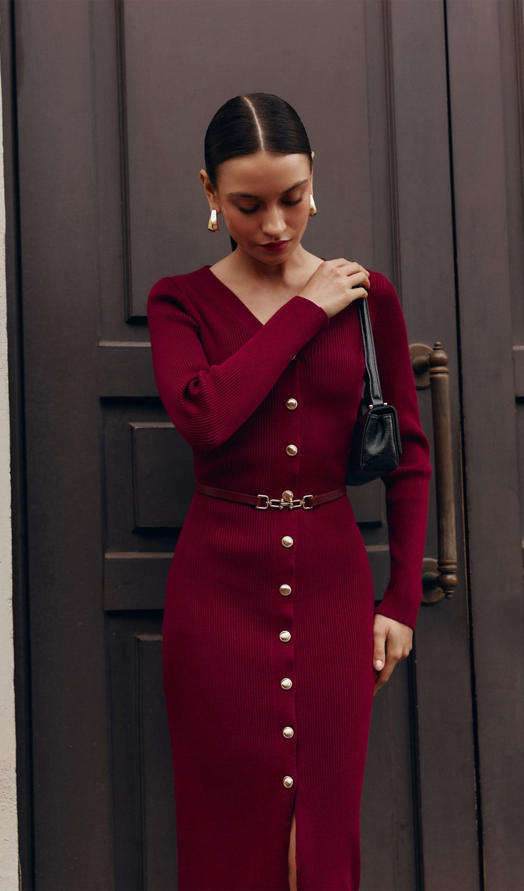 Örme V Yaka Kemerli Midi Elbise -Kırmızı