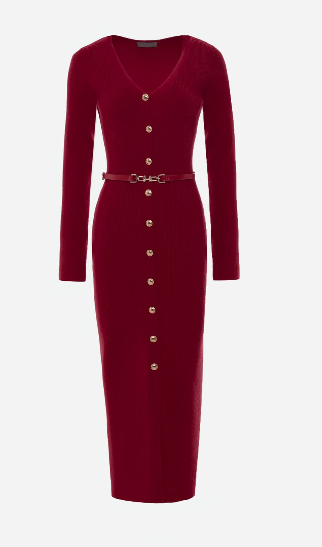 Örme V Yaka Kemerli Midi Elbise -Kırmızı