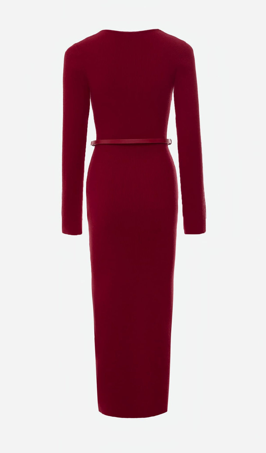 Örme V Yaka Kemerli Midi Elbise -Kırmızı