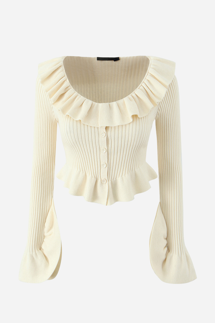 Uzun Kollu Fırfırlı Triko Hırka