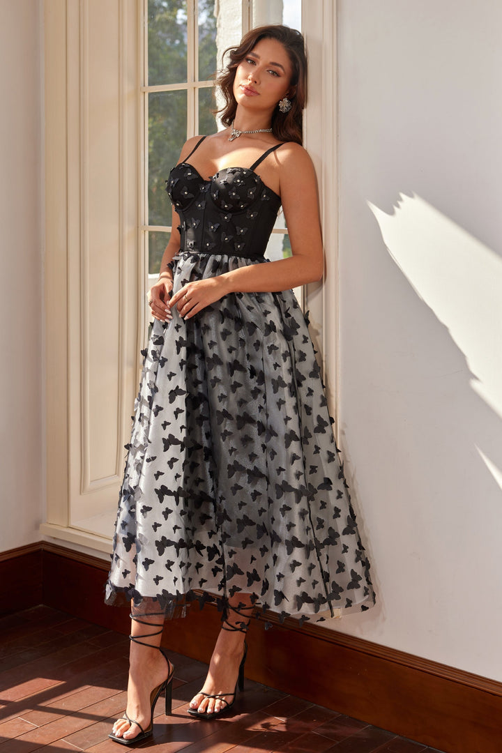 Galina Siyah Kelebek Aplikeli Midi Elbise