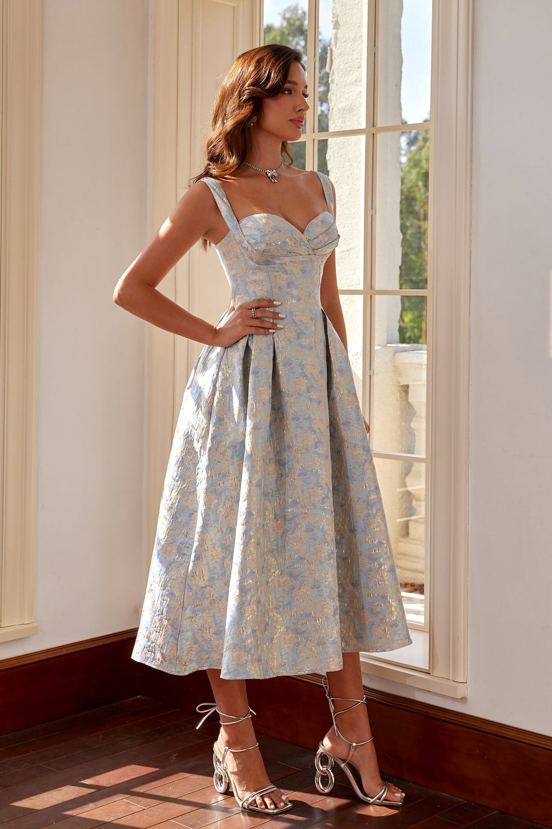 Sarah Mavi Jakarlı A Kesim Midi Elbise