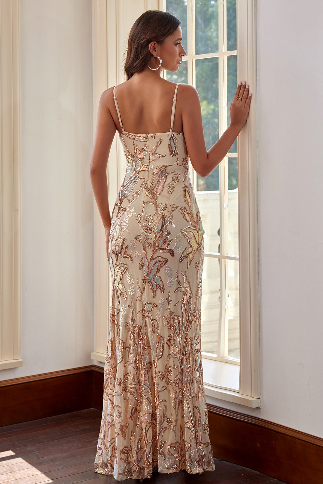 Reina Bej Payet İşlemeli Uzun Elbise