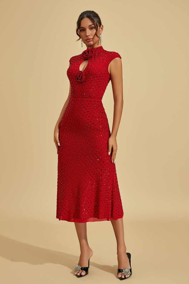 Lavinia Yakut Çiçeği Taşlı Midi Elbise