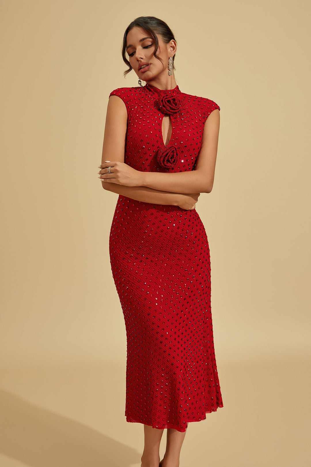 Lavinia Yakut Çiçeği Taşlı Midi Elbise