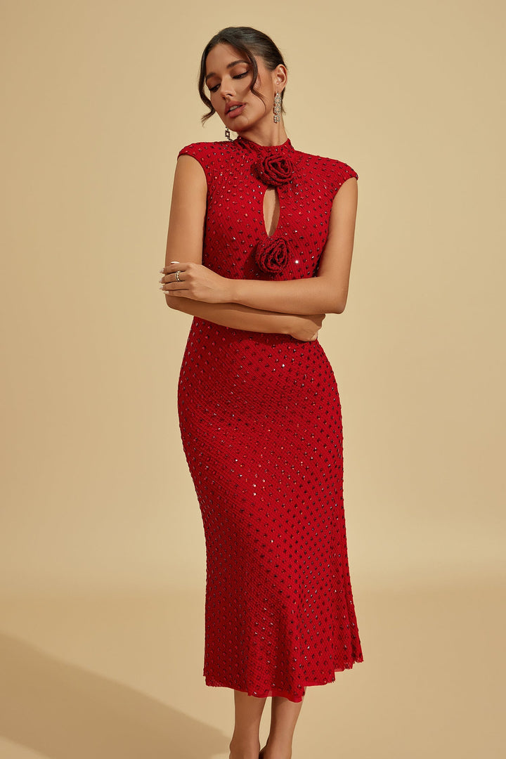 Lavinia Yakut Çiçeği Taşlı Midi Elbise