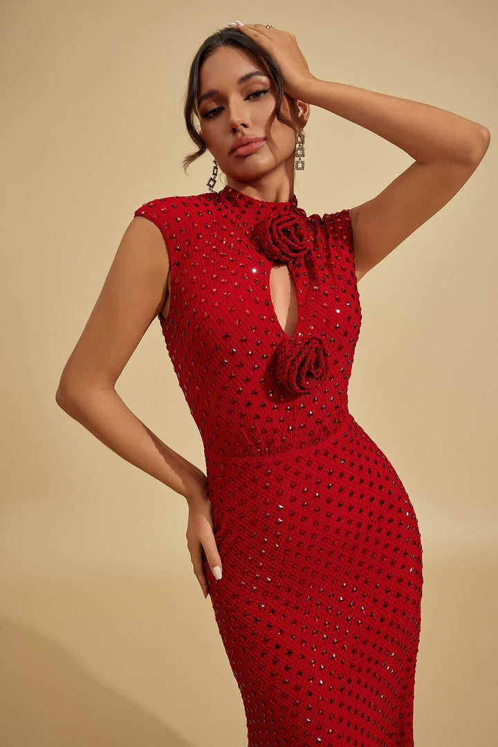 Lavinia Yakut Çiçeği Taşlı Midi Elbise