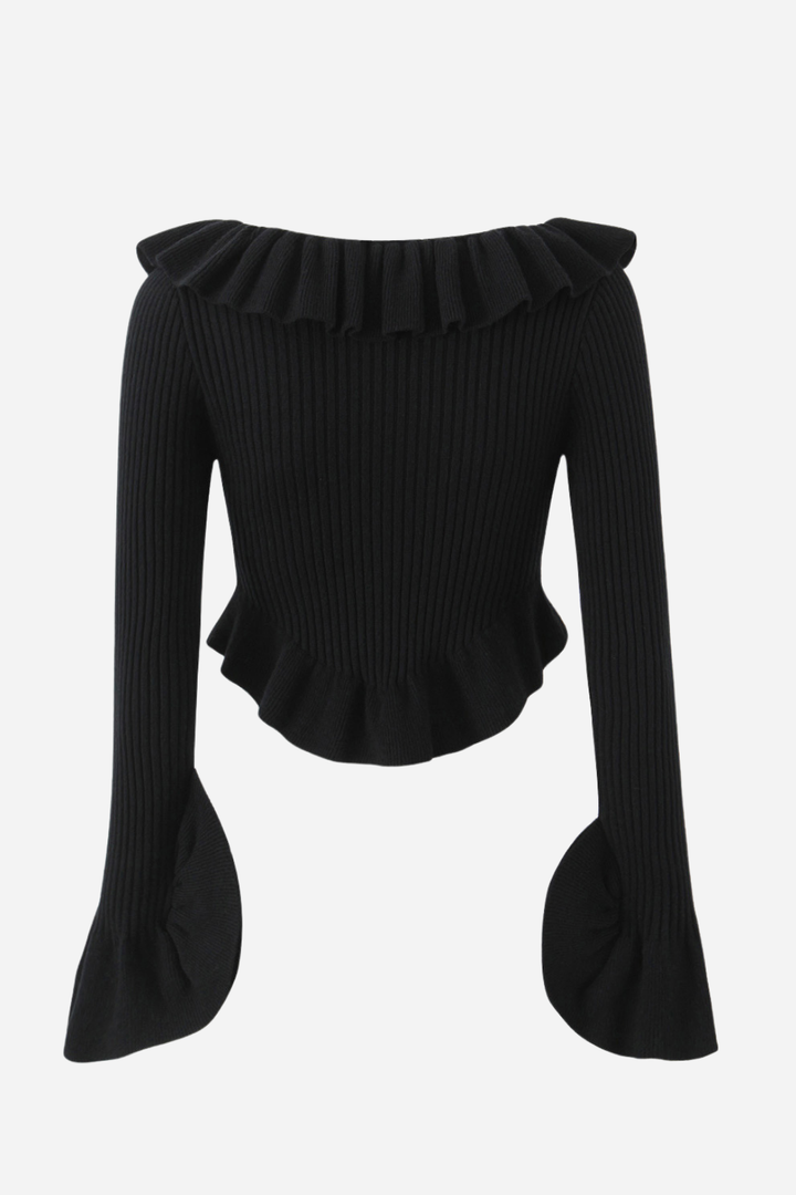 Uzun Kollu Fırfırlı Triko Hırka