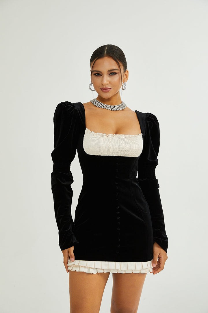 Frederica Kare Yaka Kadife Mini Elbise