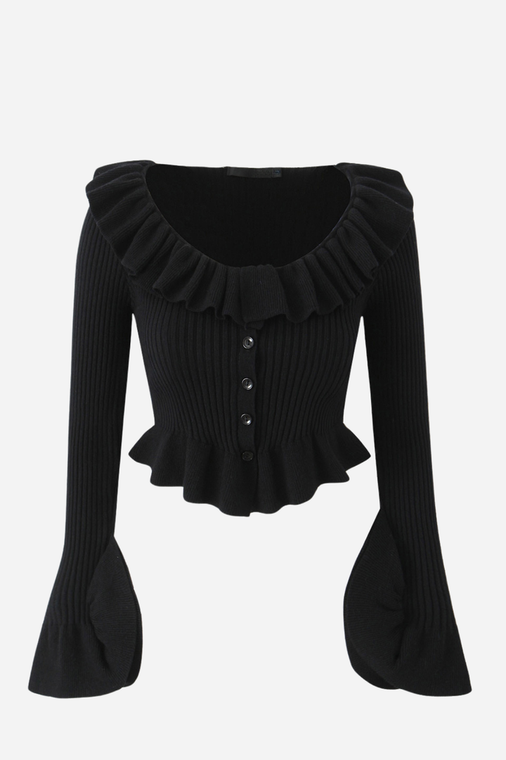 Uzun Kollu Fırfırlı Triko Hırka