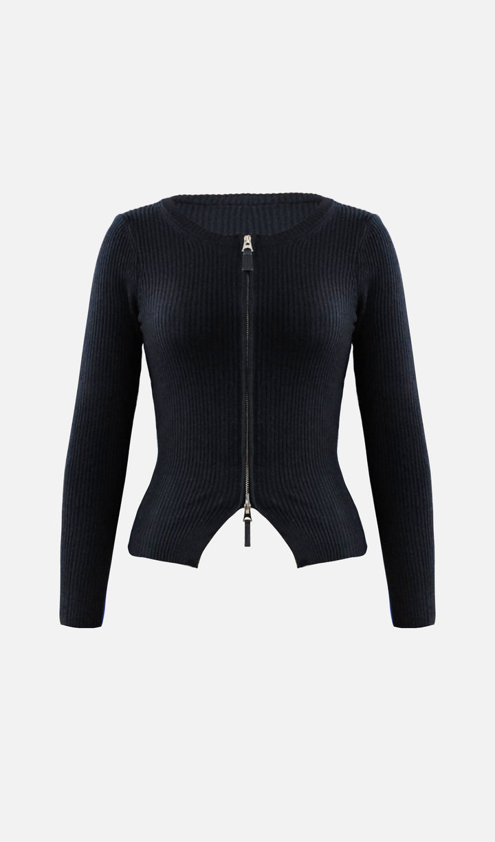 Fermuarlı Nervürlü Örgü Hırka Üst