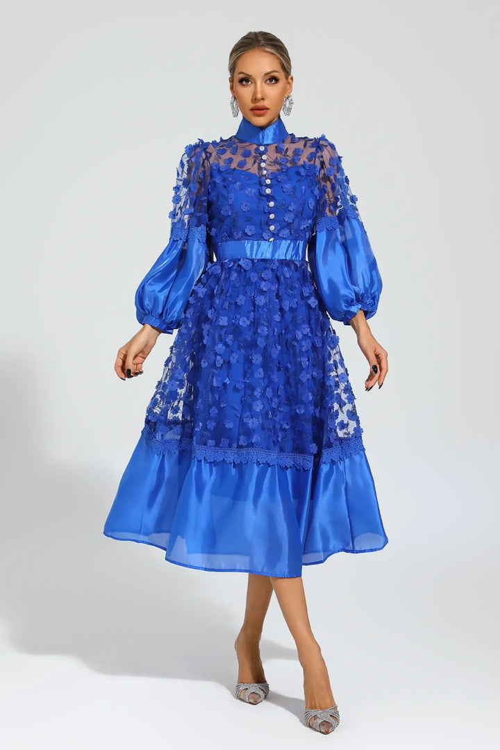 Lillie Mavi Örgü Çiçek Midi Elbise