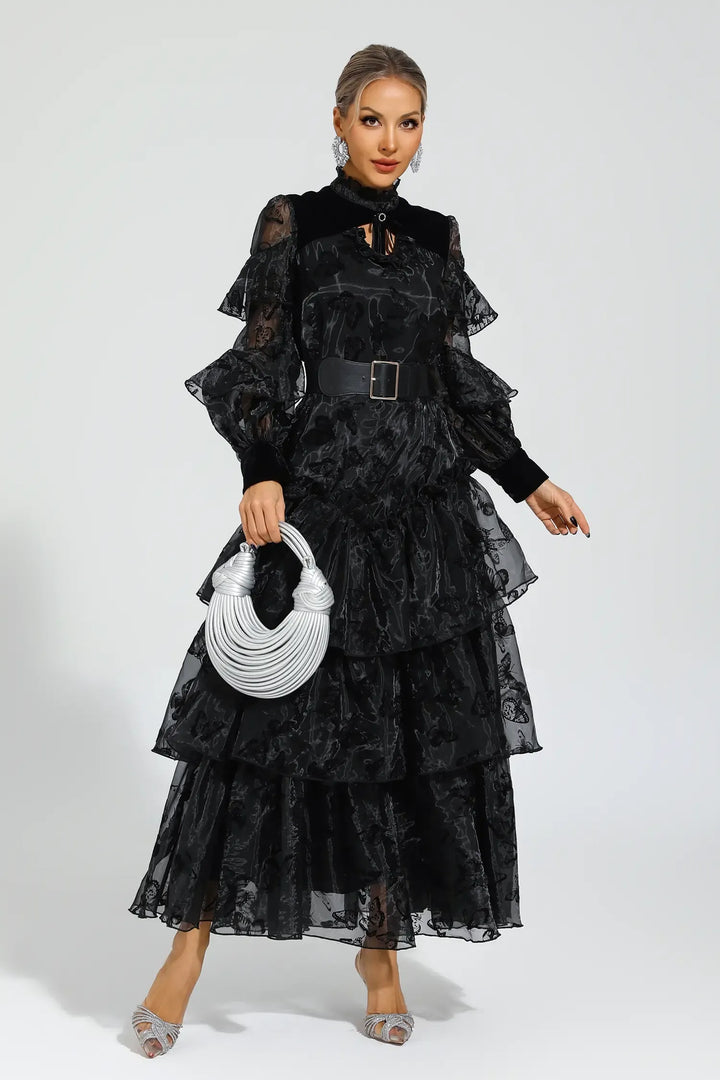 Kadife Mavisi Siyah Kuşaklı File Uzun Elbise