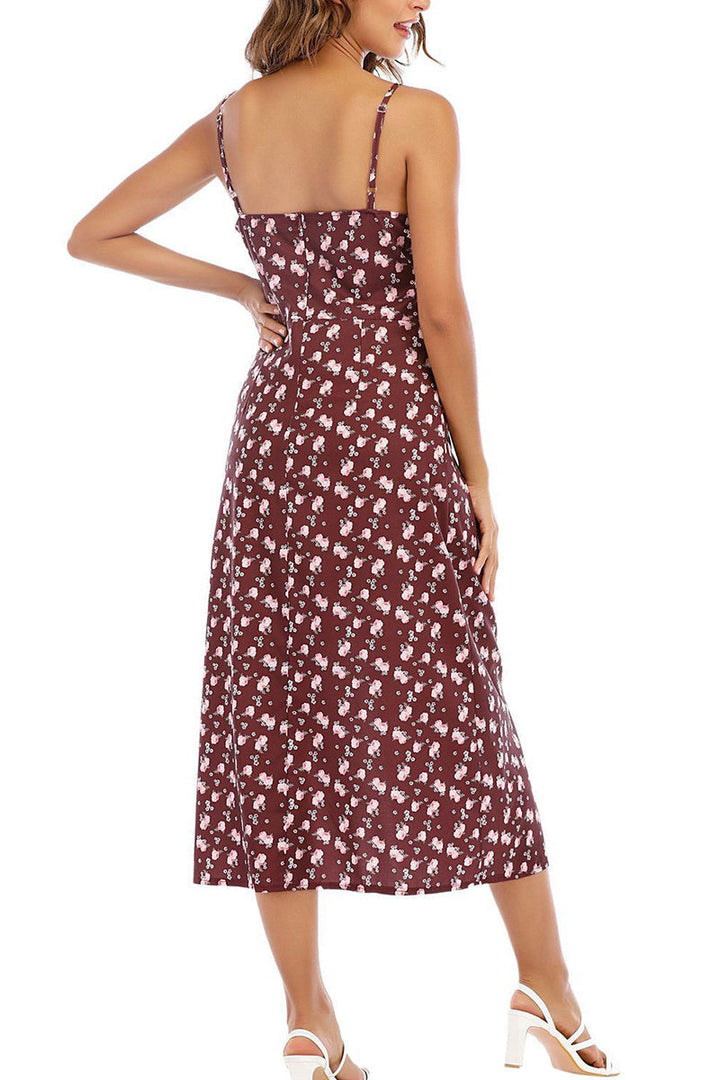 Çiçekli Yırtmaçlı Midi Elbise