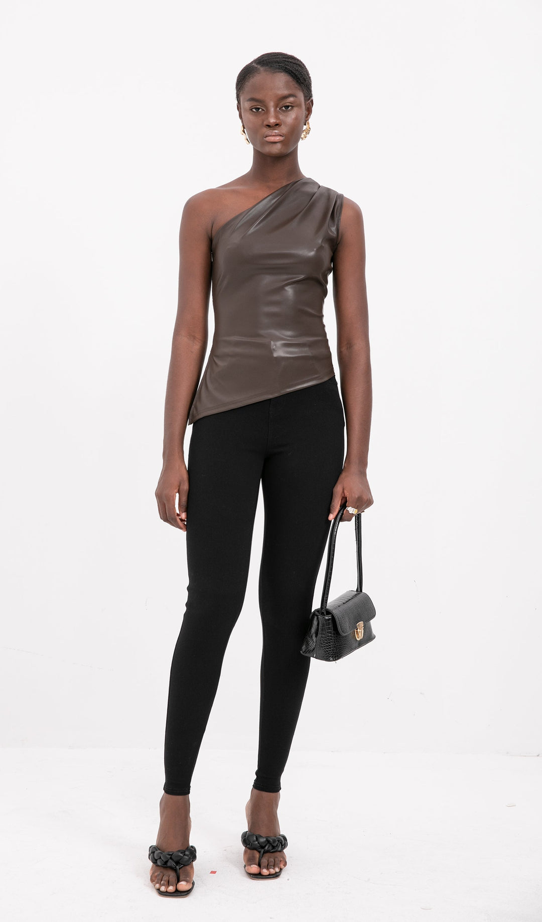 Sliess Düz Deri Asimetrik Üst-Bronz Kahve