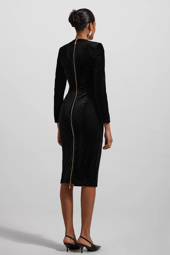 Kadife V Yaka Metal Düğmeli Midi Elbise