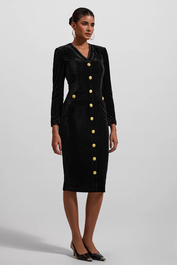 Kadife V Yaka Metal Düğmeli Midi Elbise