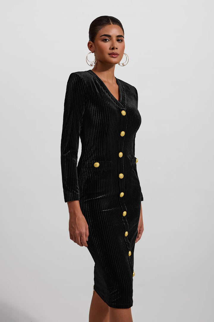 Kadife V Yaka Metal Düğmeli Midi Elbise